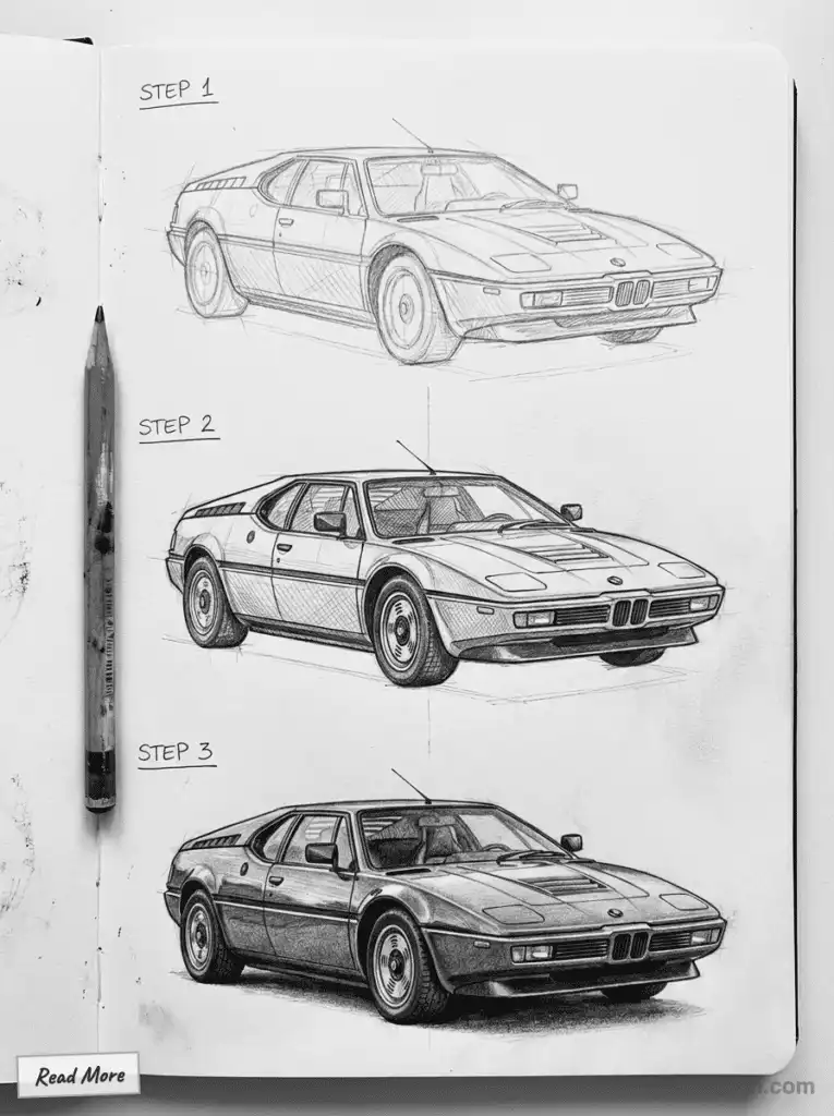 Three-step pencil sketch shows a car's evolution from initial outline to detailed shading, showcasing artistic progress and