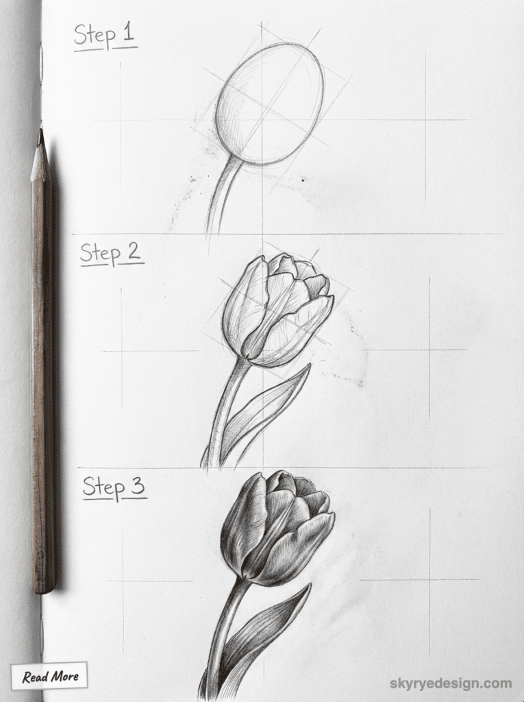 Pencil sketch tutorial with three steps showing how to draw a tulip from outline to shaded details on a notepad.