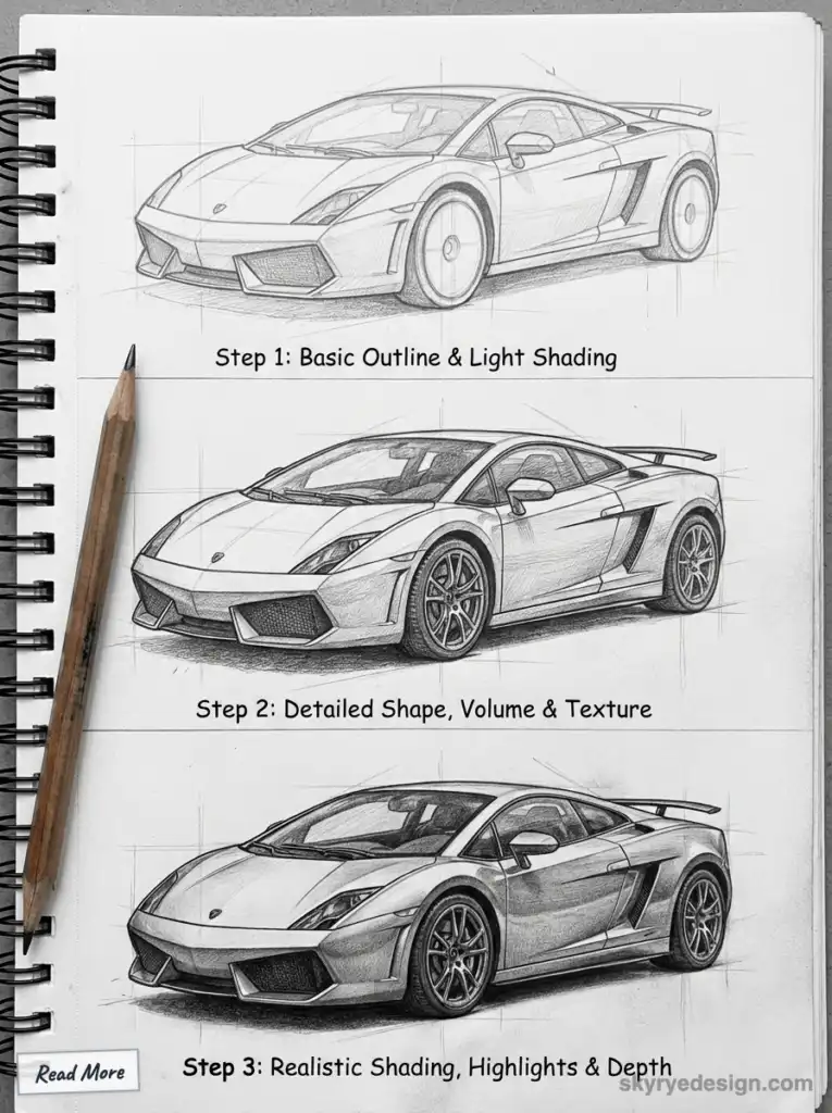 Car sketch drawing tutorial in three steps: outline, detailing, and realistic shading. Pencil art on a sketchpad with a car
