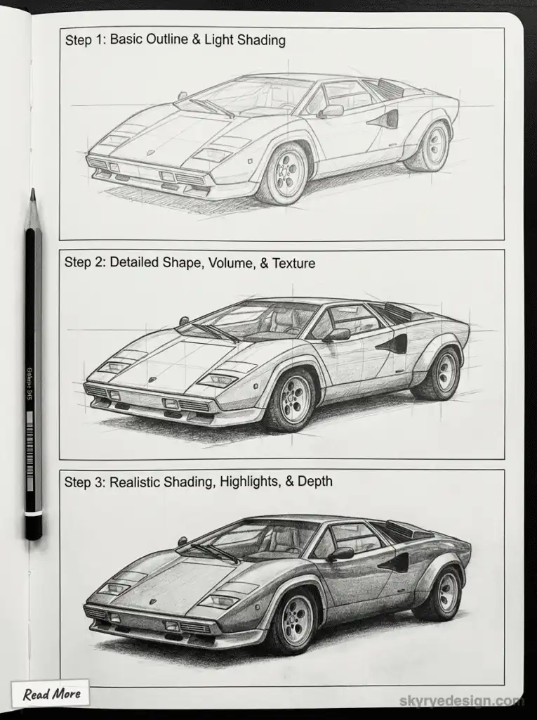 Step-by-step guide to sketch a car: outline, shading, texture, and depth for realistic design. Pencil drawing on paper.