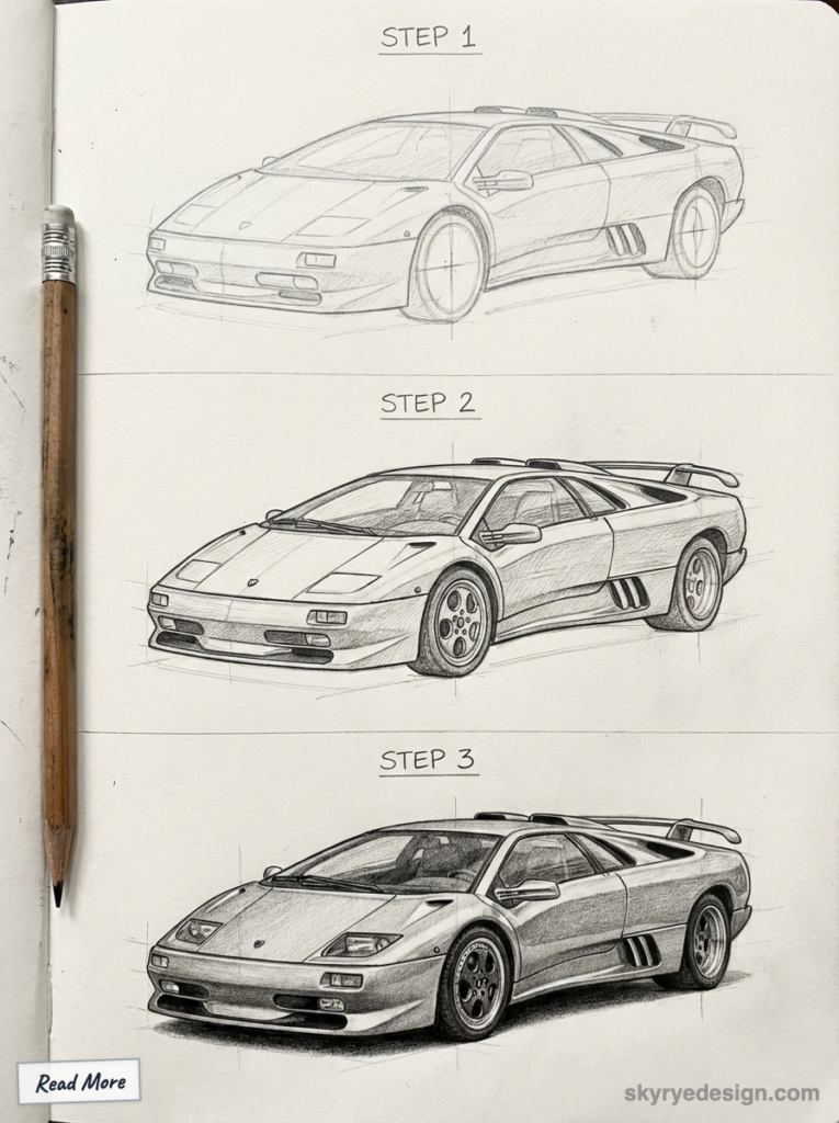 sketch-tutorial - 2026-01-22T203526879 Drawing tutorial of a car in pencil, showing steps from sketch to detailed rendering, with a pencil beside the artwork. | Sky Rye Design Drawing tutorial of a car in pencil, showing steps from sketch to detailed rendering, with a pencil beside the artwork.