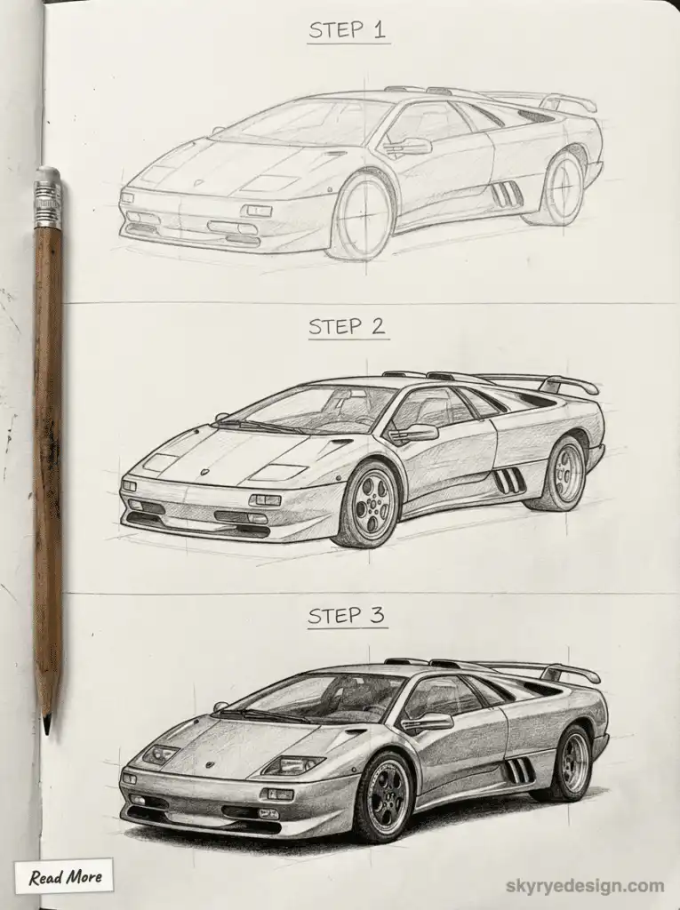 Drawing tutorial of a car in pencil, showing steps from sketch to detailed rendering, with a pencil beside the artwork.