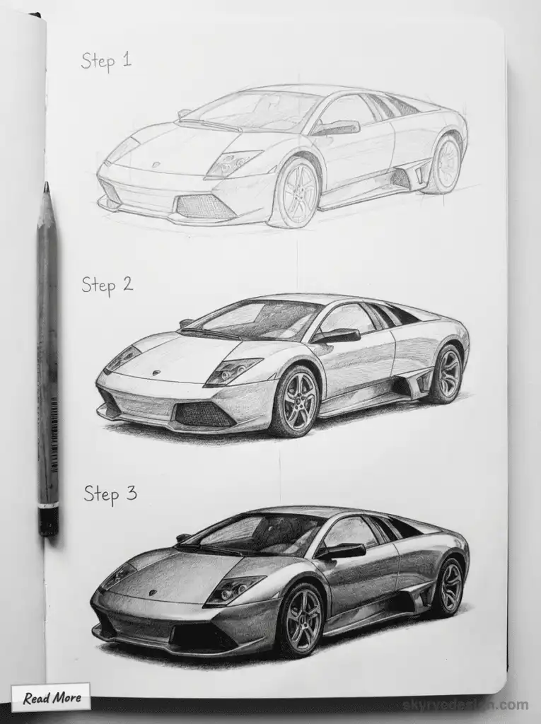 Pencil sketch tutorial of a sports car in three steps, from basic outlines to detailed shading, displayed on a sketch pad