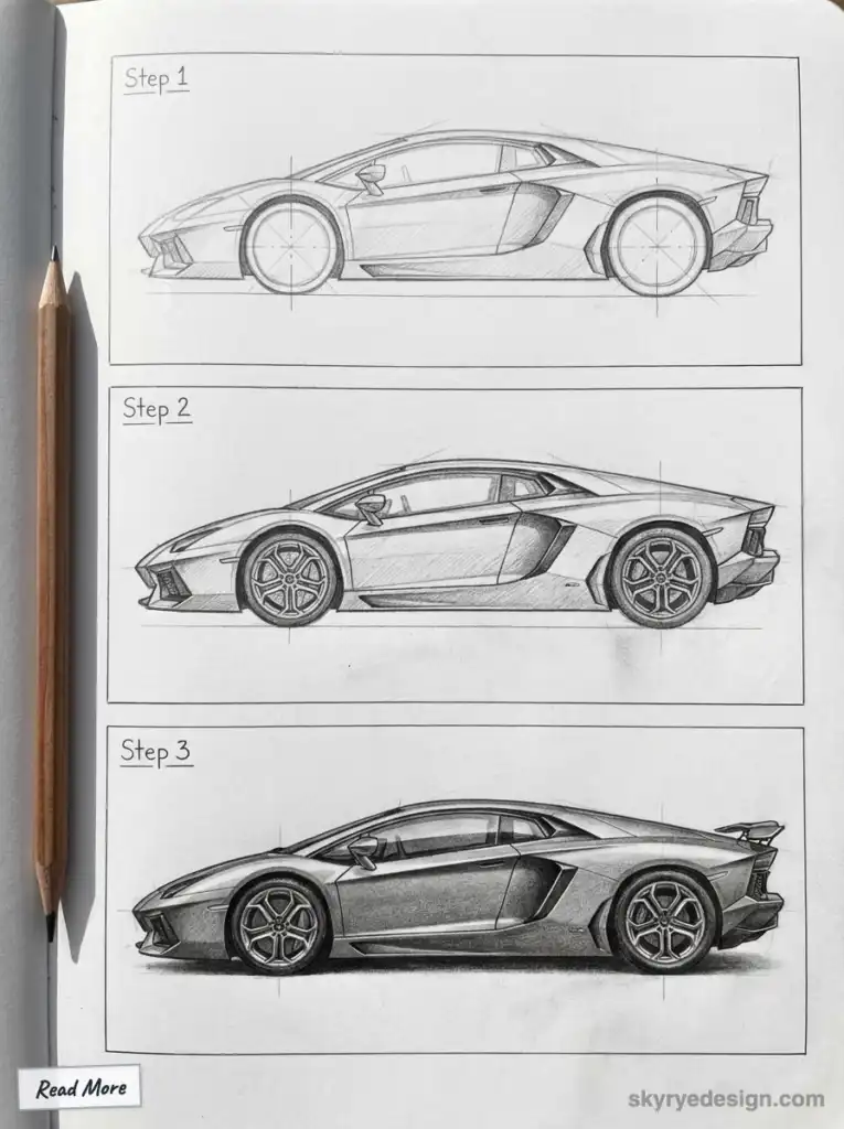 Three-step pencil sketch tutorial of a sports car design showcasing progressive detailing, featuring a realistic rendering Lamborghini Aventador