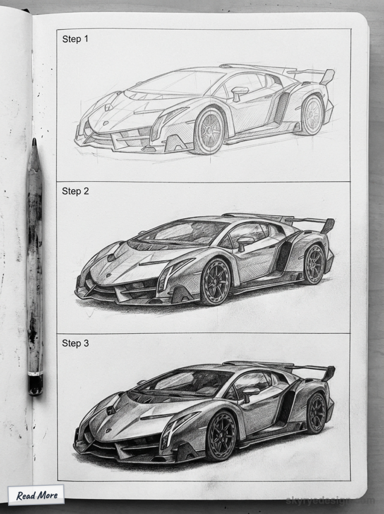 sketch-tutorial - 2026-01-22T213258304 Three-step pencil sketch of a sports car design in a notebook, showing progression from rough outline to detailed | Sky Rye Design Three-step pencil sketch of a sports car design in a notebook, showing progression from rough outline to detailed Lamborghini Veneno