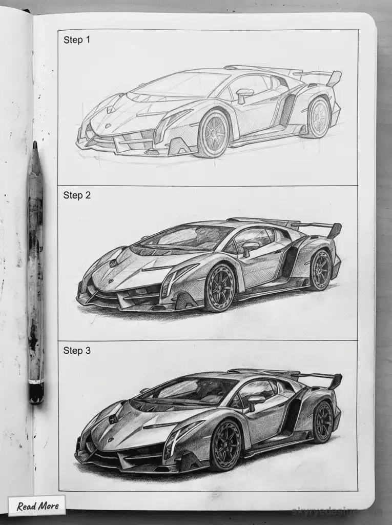 Three-step pencil sketch of a sports car design in a notebook, showing progression from rough outline to detailed Lamborghini Veneno