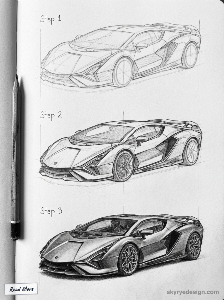 sketch-tutorial - 2026-01-22T213506733 Drawing progression of a luxury car in three steps, from sketch to detailed illustration. Artwork by skyrydesign.com. | Sky Rye Design Drawing progression of a luxury car in three steps, from sketch to detailed illustration. Artwork by skyrydesign.com.