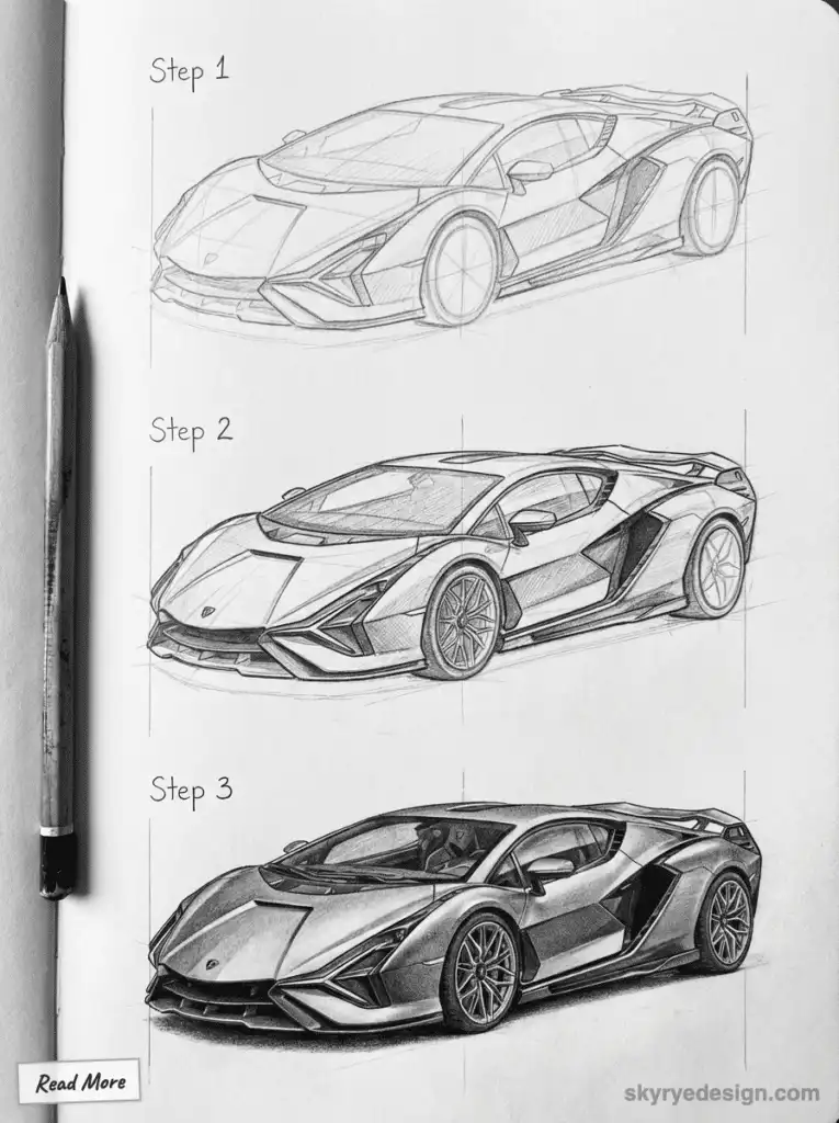 Drawing progression of a luxury car in three steps, from sketch to detailed illustration. Artwork by skyrydesign.com.