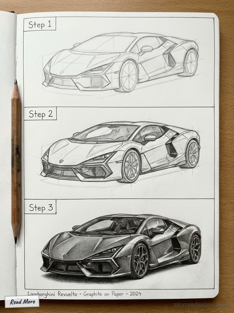 sketch-tutorial - 2026-01-22T213637627 Step-by-step pencil sketches of a Lamborghini Revuelto progressing from outline to detailed rendering. | Sky Rye Design Step-by-step pencil sketches of a Lamborghini Revuelto progressing from outline to detailed rendering.