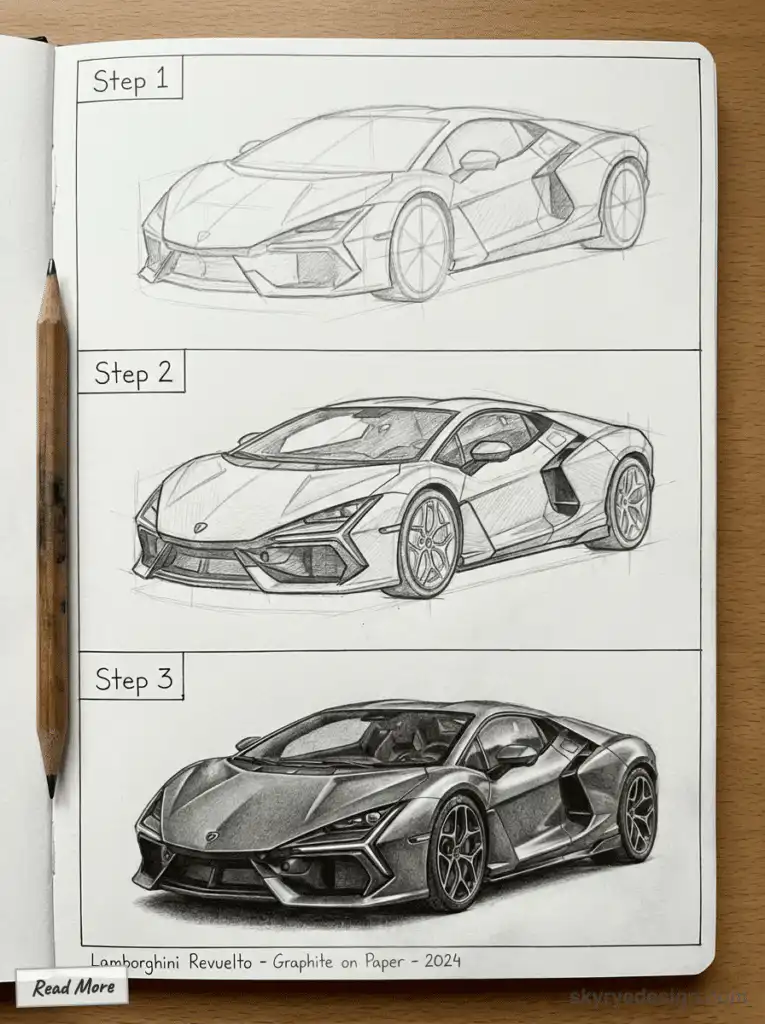 Step-by-step pencil sketches of a Lamborghini Revuelto progressing from outline to detailed rendering.