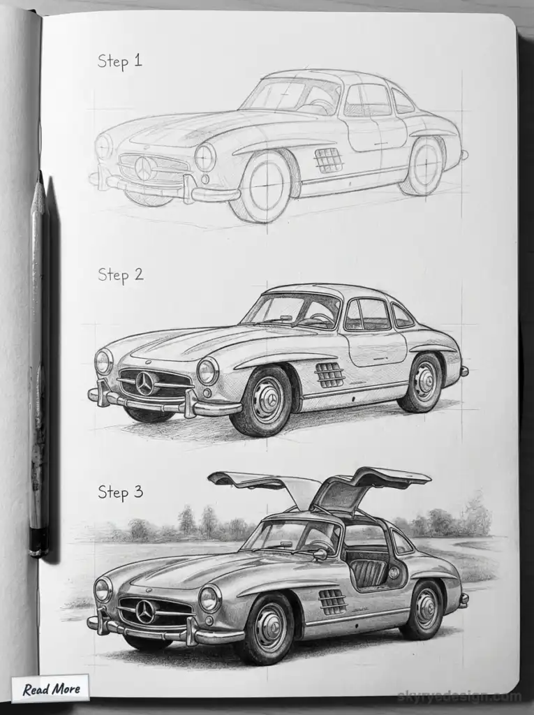 Pencil sketch of classic car in three steps: outline, detailed drawing, and finished with gullwing doors open. Mercedes-Benz 300 SL Gullwing (1954)