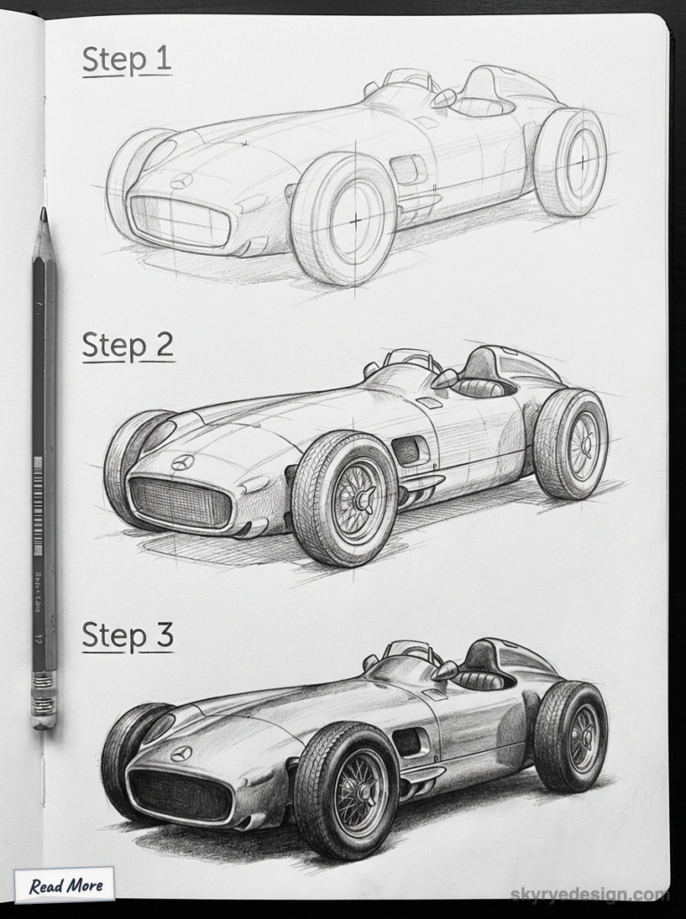Step-by-step pencil sketch of a vintage race car in a notebook, showing the drawing process from outline to detailed shading.