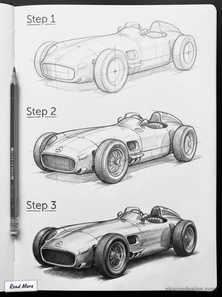 Step-by-step pencil sketch of a vintage race car in a notebook, showing the drawing process from outline to detailed shading.