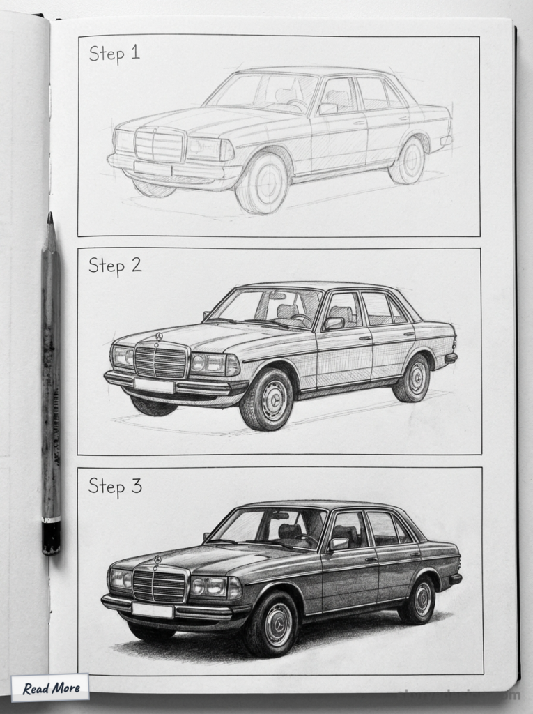 Step-by-step car drawing guide: sketch to detailed shading using pencil, divided into three progression stages on notebook