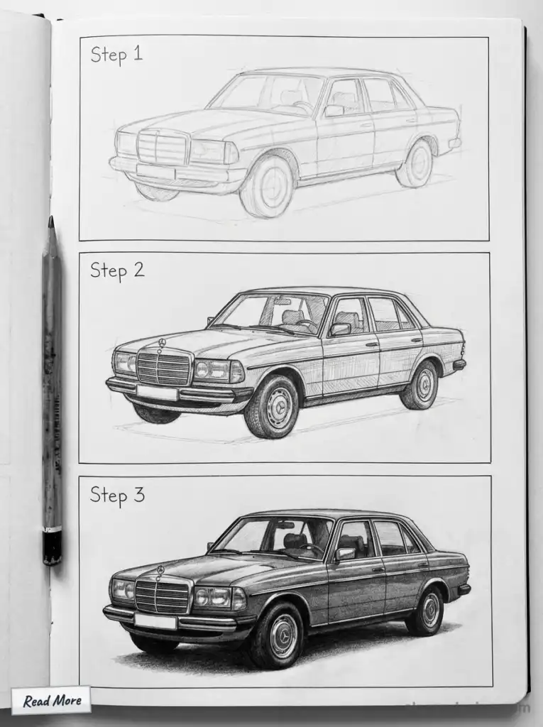 Step-by-step car drawing guide: sketch to detailed shading using pencil, divided into three progression stages on notebook