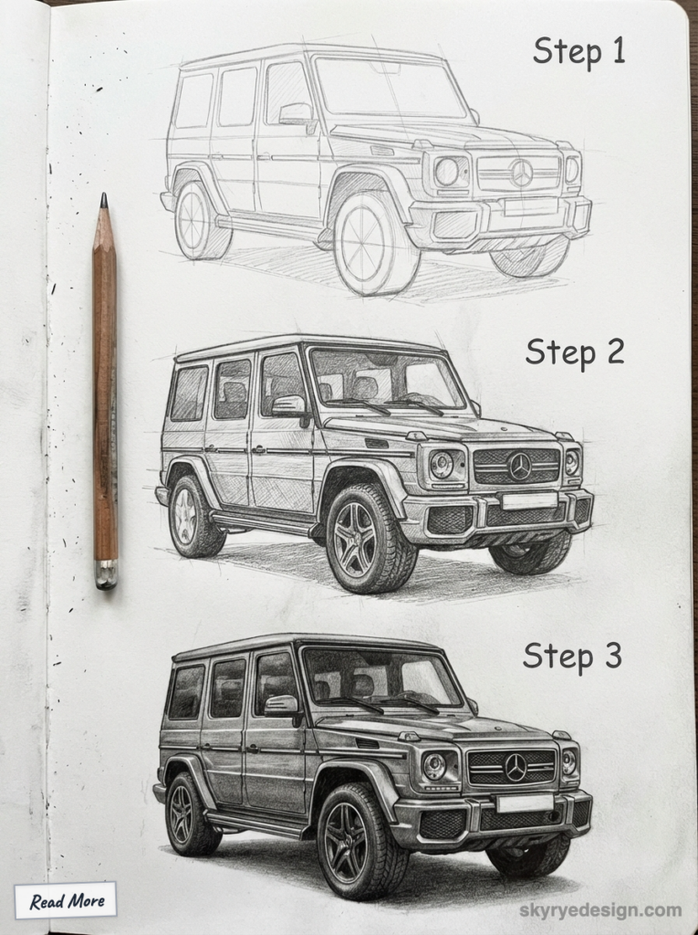 Step-by-step pencil sketch progress of a Mercedes G-Wagon on notepad, illustrating development from outline to detailed 