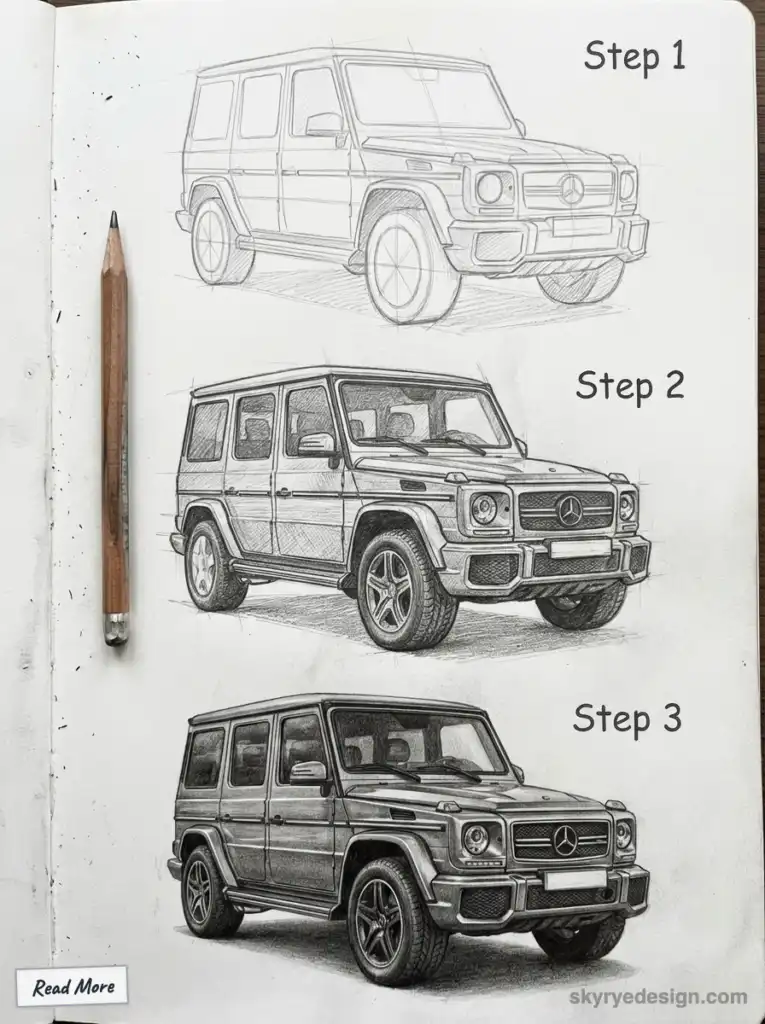 Step-by-step pencil sketch progress of a Mercedes G-Wagon on notepad, illustrating development from outline to detailed 