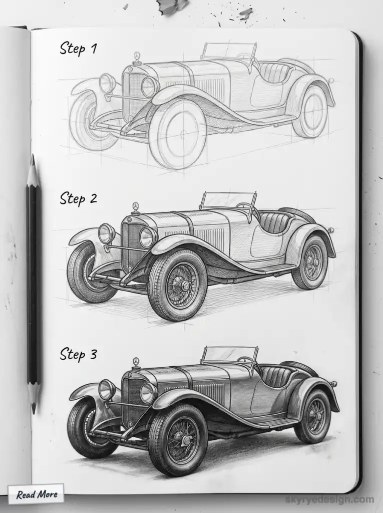Vintage car sketch tutorial in three steps: outline, detail, shading. Drawn in a notebook with a pencil on the side.