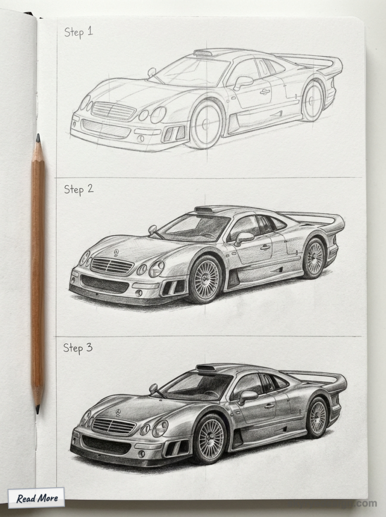 Step-by-step car drawing tutorial: pencil sketch progresses from outline to detailed design with shading, featuring a