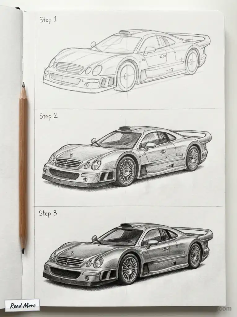 Step-by-step car drawing tutorial: pencil sketch progresses from outline to detailed design with shading, featuring a