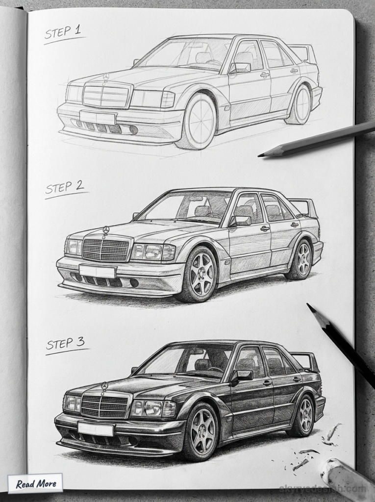 Step-by-step pencil sketch of a vintage car, showcasing design evolution from outline to detailed drawing.