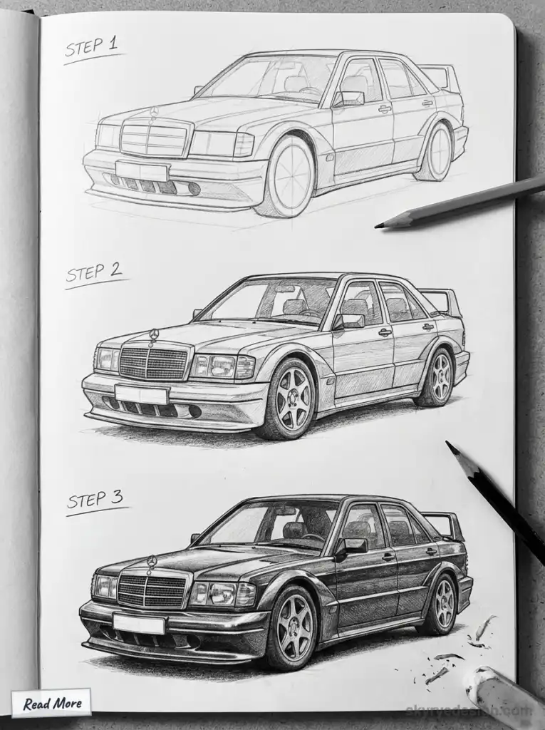 Step-by-step pencil sketch of a vintage car, showcasing design evolution from outline to detailed drawing.