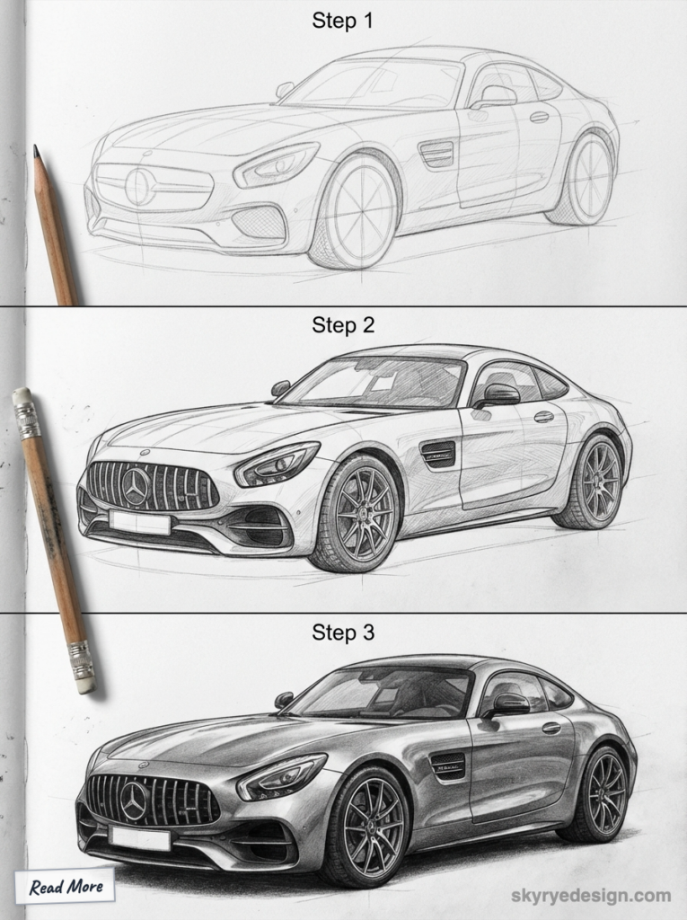 Car sketching process in three steps: initial outline, detailed drawing, and finished realistic sketch. Pencils displayed