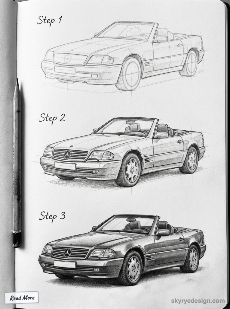 Three-step pencil drawing process of a Mercedes convertible, showing progression from sketch to detailed rendering.