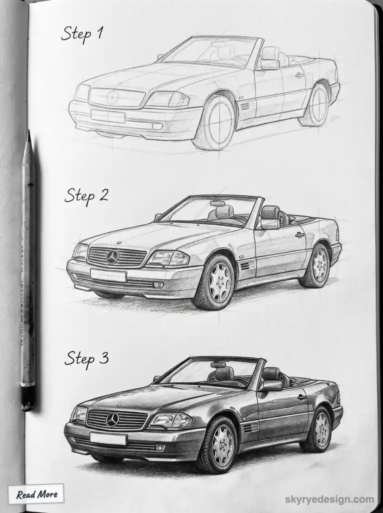 Three-step pencil drawing process of a Mercedes convertible, showing progression from sketch to detailed rendering.
