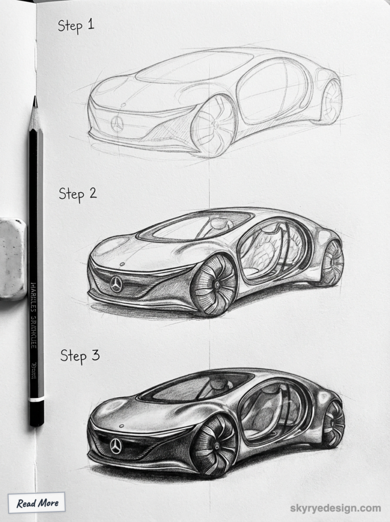 Car design sketch showing three artistic development steps, from initial outline to detailed rendering, with pencil and