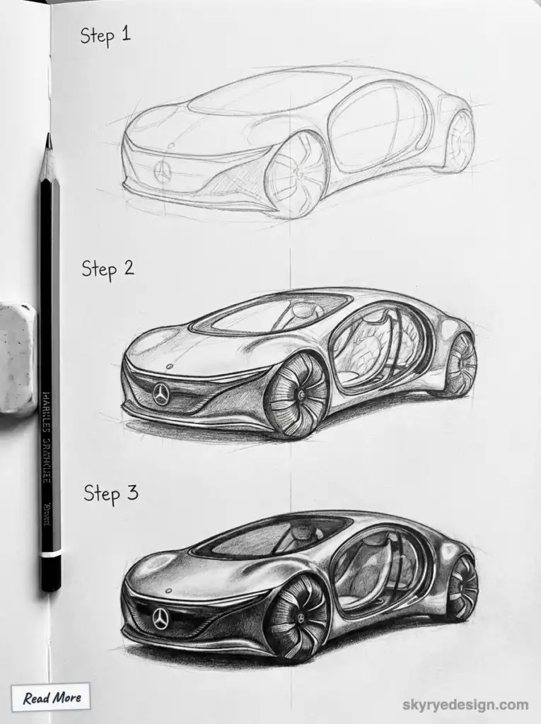 Car design sketch showing three artistic development steps, from initial outline to detailed rendering, with pencil and