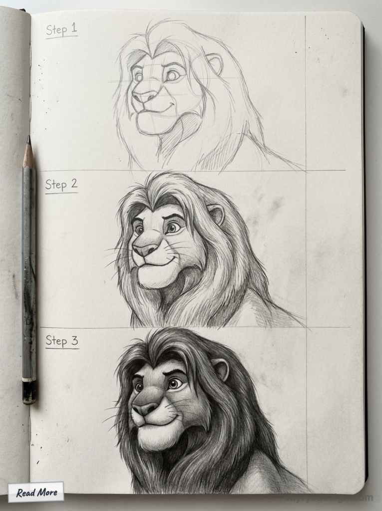 Pencil drawing tutorial of a lion character; showcases step-by-step sketching progress from outline to detailed shading. simb