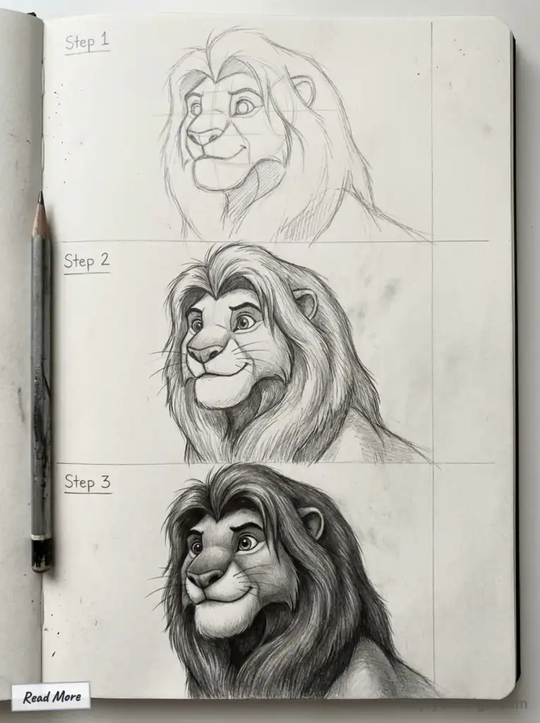 Pencil drawing tutorial of a lion character; showcases step-by-step sketching progress from outline to detailed shading. simb