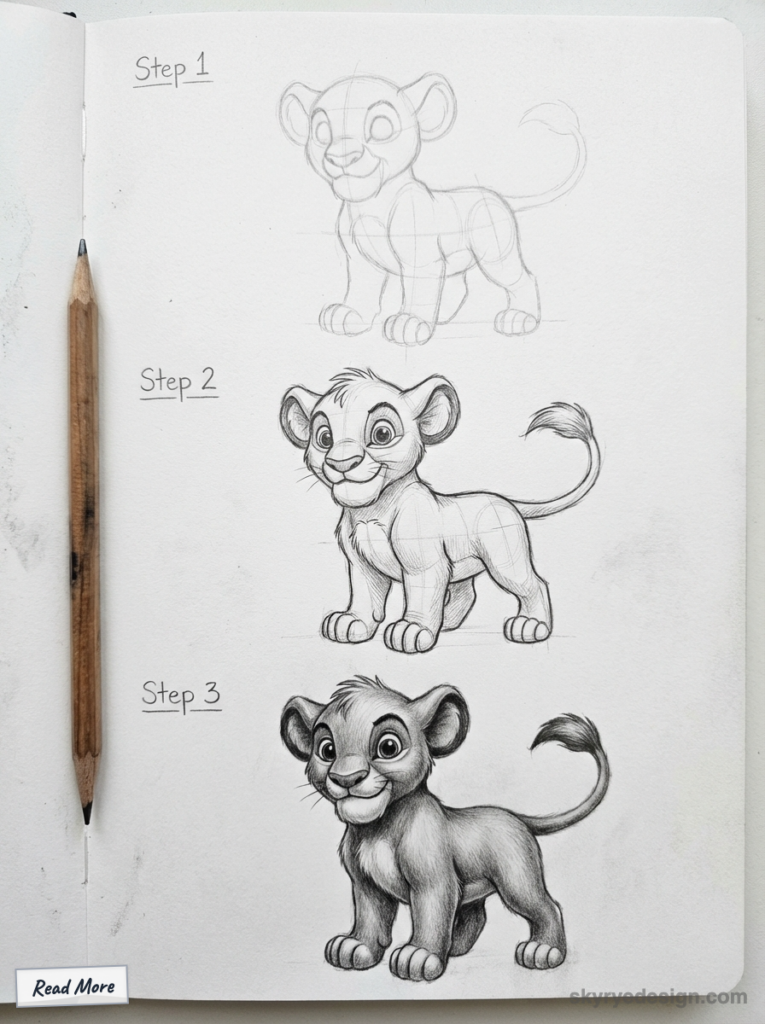 Step-by-step guide to drawing a cartoon lion cub; from sketch to detailed shading, with pencil beside for reference.