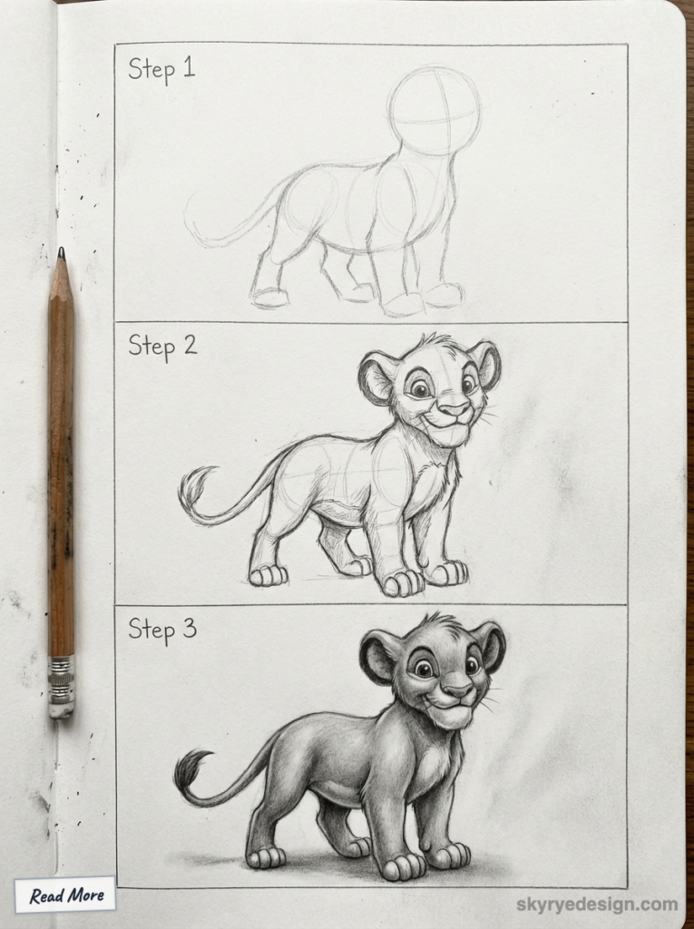 Step-by-step lion cub drawing guide with pencil, featuring three phases from sketch to shaded, realistic illustration on paper.