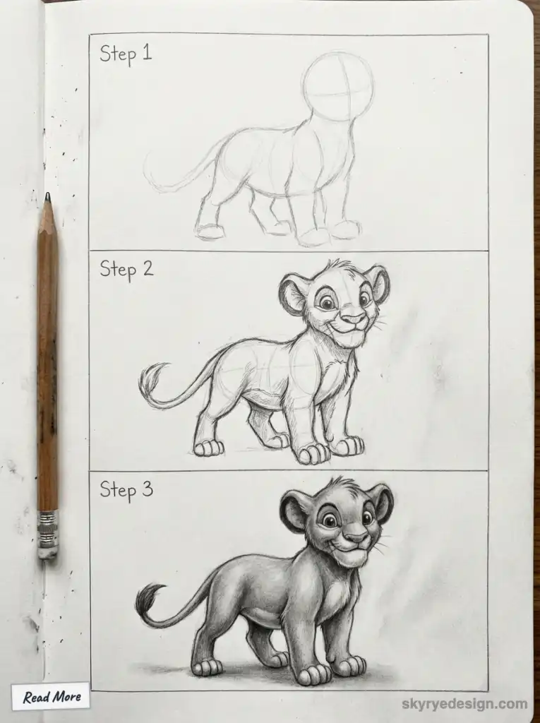 Step-by-step lion cub drawing guide with pencil, featuring three phases from sketch to shaded, realistic illustration on paper.