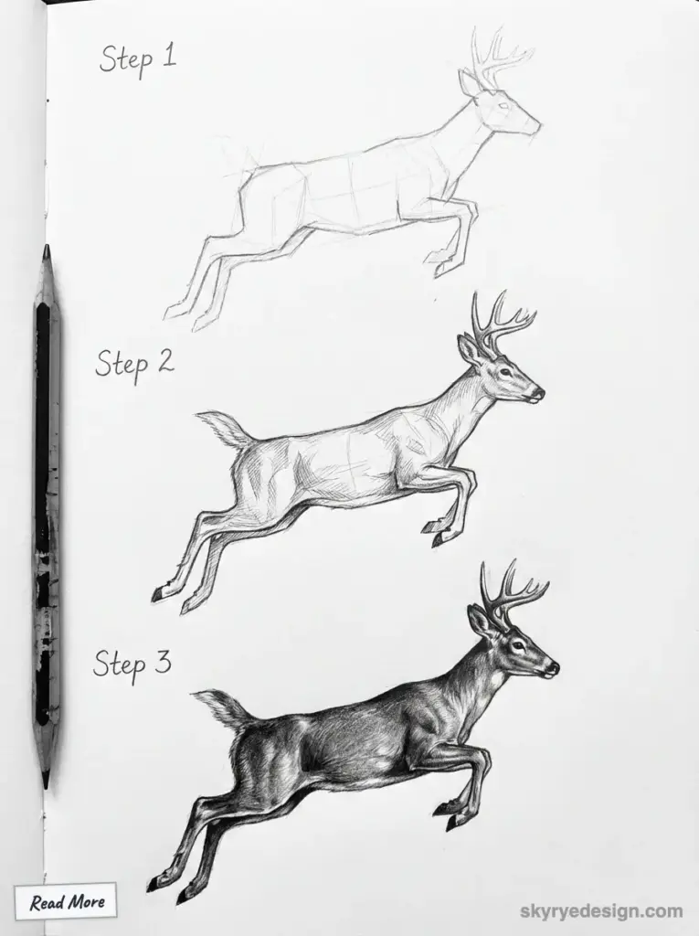 Three-step drawing tutorial showing a deer sketch progressing from basic shapes to detailed shading, featuring a pencil alongside.