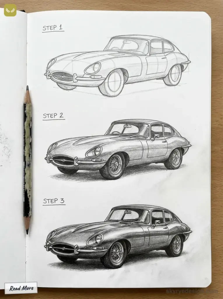 Step-by-step pencil drawing guide of a classic car, showcasing progressive sketching techniques from outline to detailed rendering.