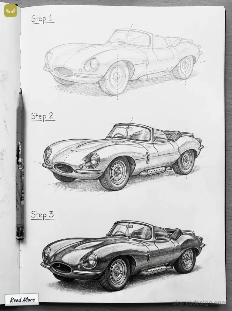 Step-by-step car sketch tutorial: three detailed pencil drawings showing the progression from outline to shading of a classic car design.