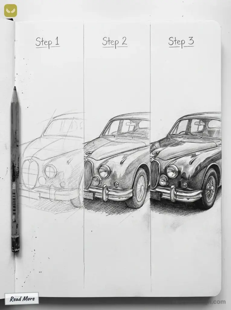 Sketching classic car: Step-by-step progress, from outline to detailed shading, with pencil on paper. Art illustration tutorial.