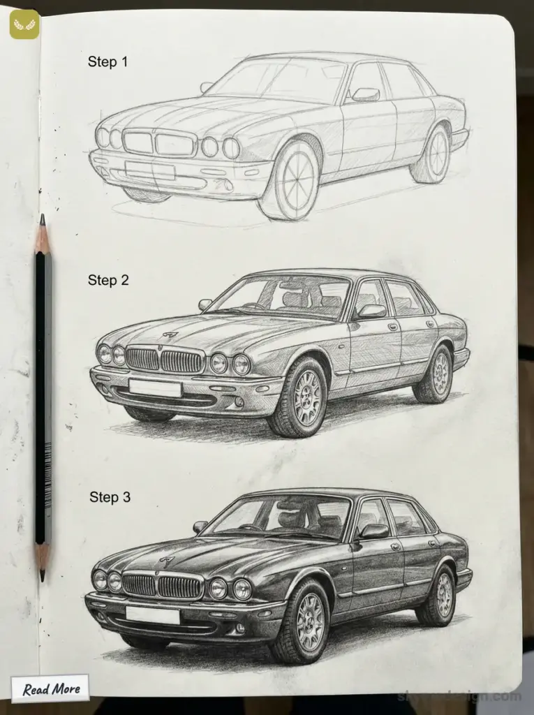 Step-by-step pencil drawing of a classic car, showcasing progression from basic outline to detailed shading. Jaguar XJ Series