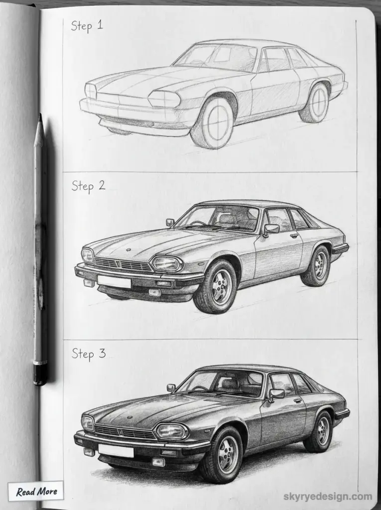 Step-by-step pencil sketch progression of a classic car design, from basic outline to detailed shading and texture, with a pencil beside.