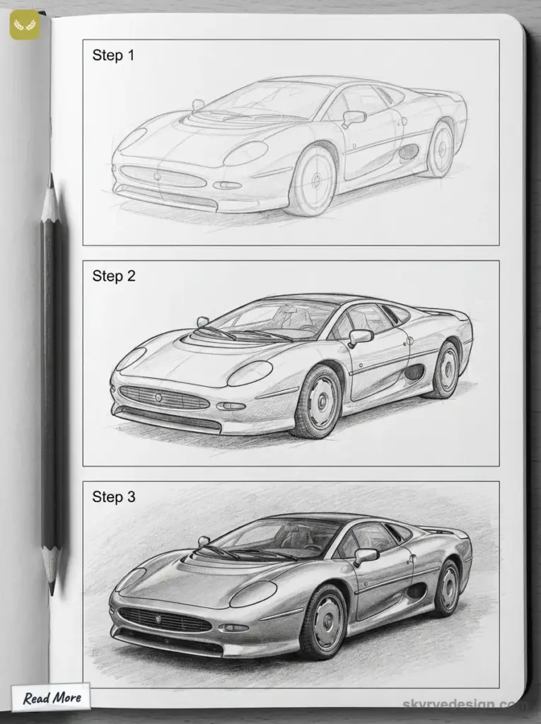 Step-by-step pencil sketches of a sports car, showing progression from outline to detailed rendering.