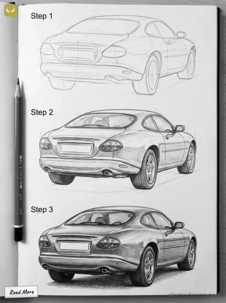 Three-step car sketch tutorial illustrating progress from basic outlines to detailed shading and textures.