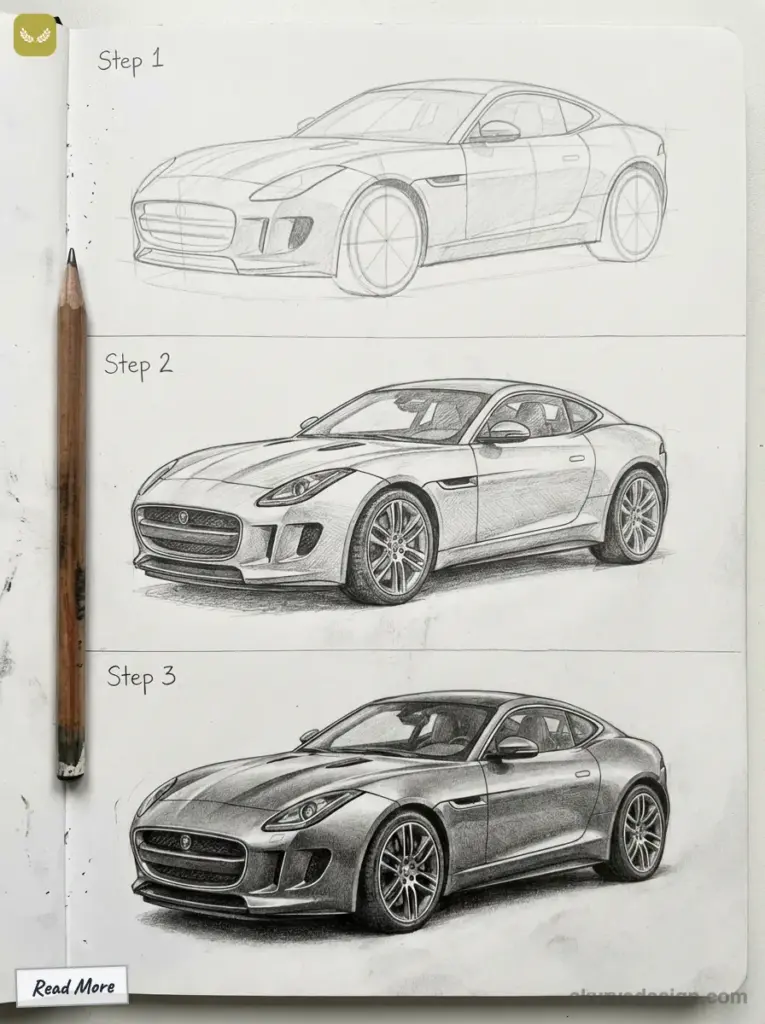 Sketch illustration of a car in three steps, from outline to detailed shading, with pencil on the left.