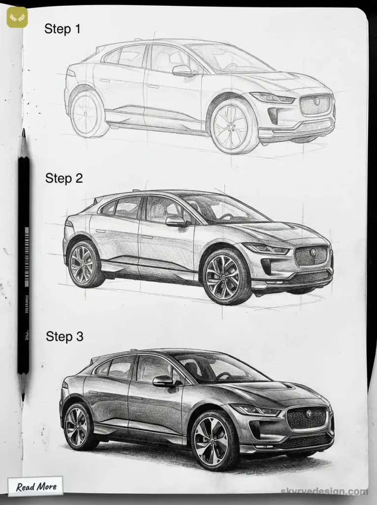 Three-step car design illustration showing progression from sketch to detailed rendering on a notebook page with pencil beside. jaguar i-pace
