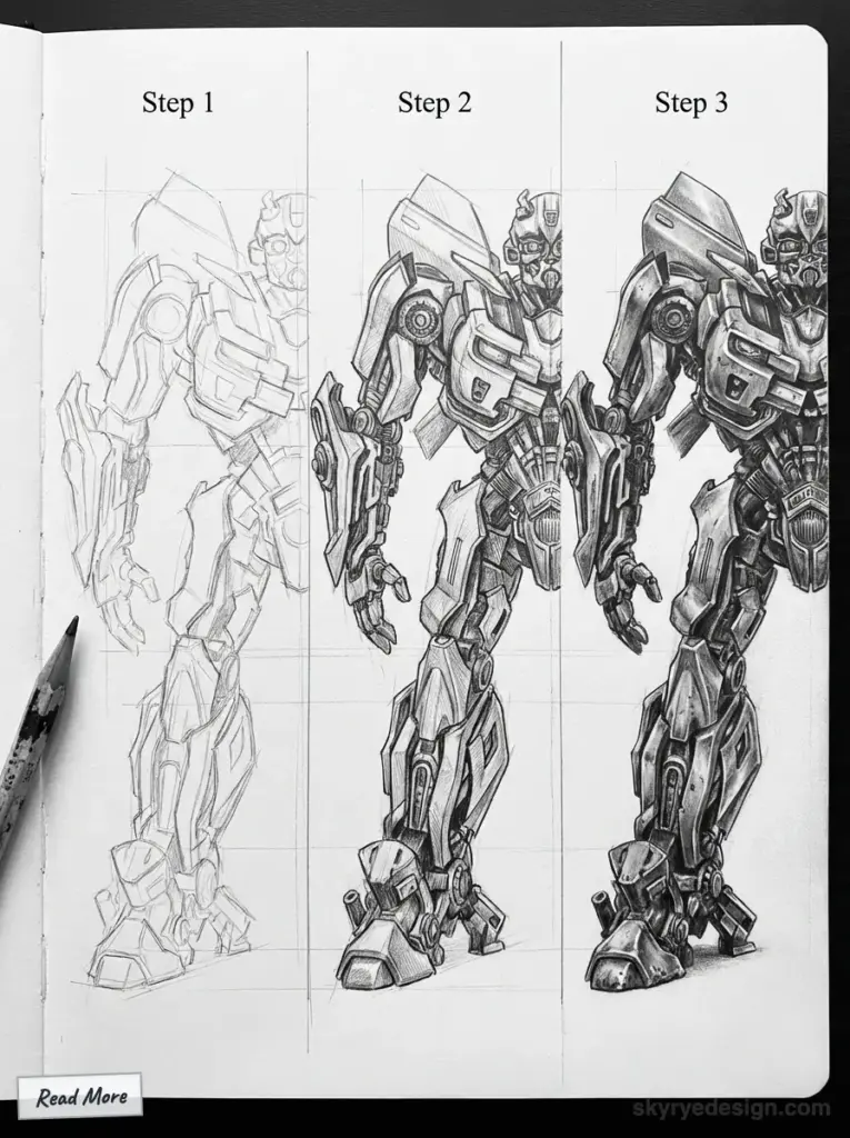 Robot drawing steps: sketch, outline, and shading. Detailed mech design shown with progressive drawing stages. how to draw Bumblebee Transformer