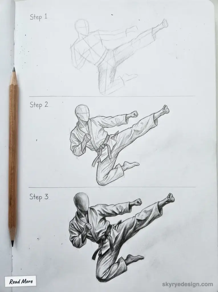 Step-by-step guide to drawing a karate fighter in action. Detailed illustration showing progression from sketch to finished artwork.