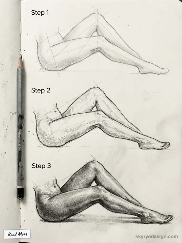 Guide to Human Leg Drawing: Three steps from sketch to detailed anatomy with pencil, ideal for artists.