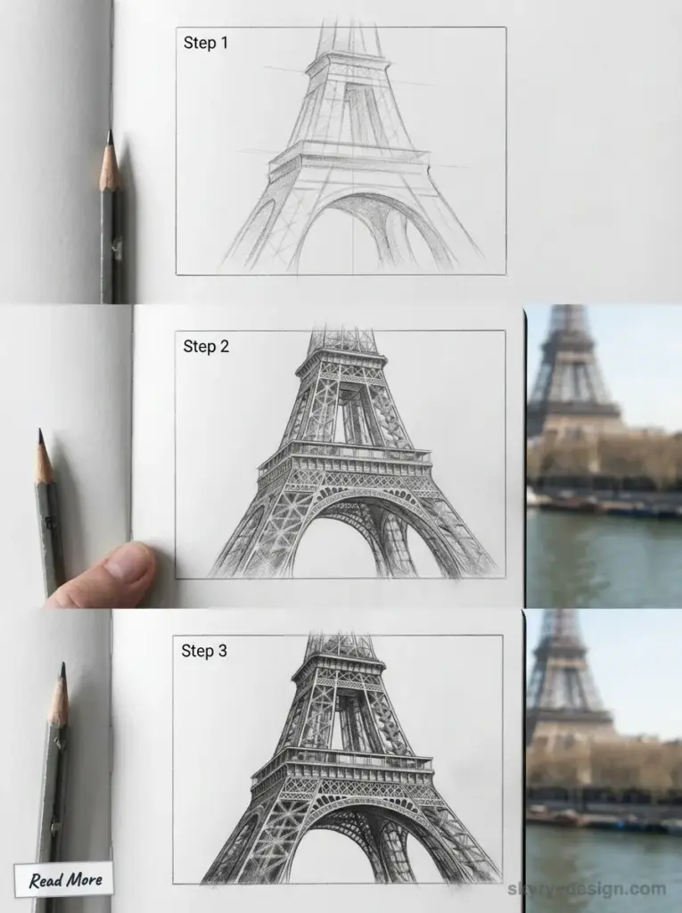 Step-by-step pencil drawing tutorial of the Eiffel Tower, from basic outline to detailed sketch, with pencils beside each stage.